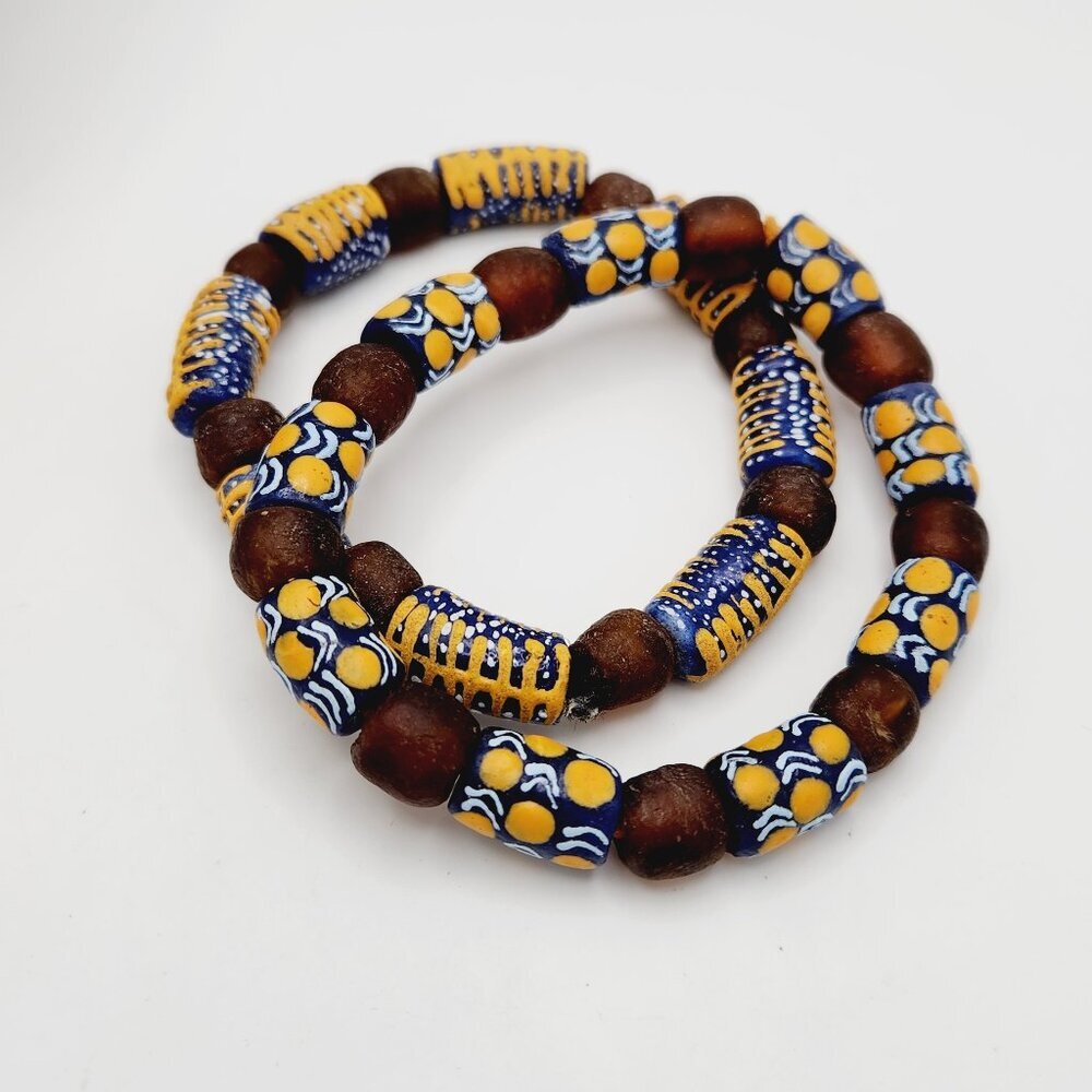 Handcrafted Brown, Blue & Yellow African Glass Bead Bracelet - Unbranded